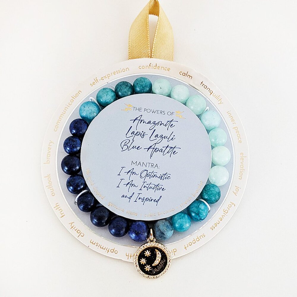 Blue Stretch Bracelet with Gemstones and 14K Gold Dipped Cubic Zirconia Charm